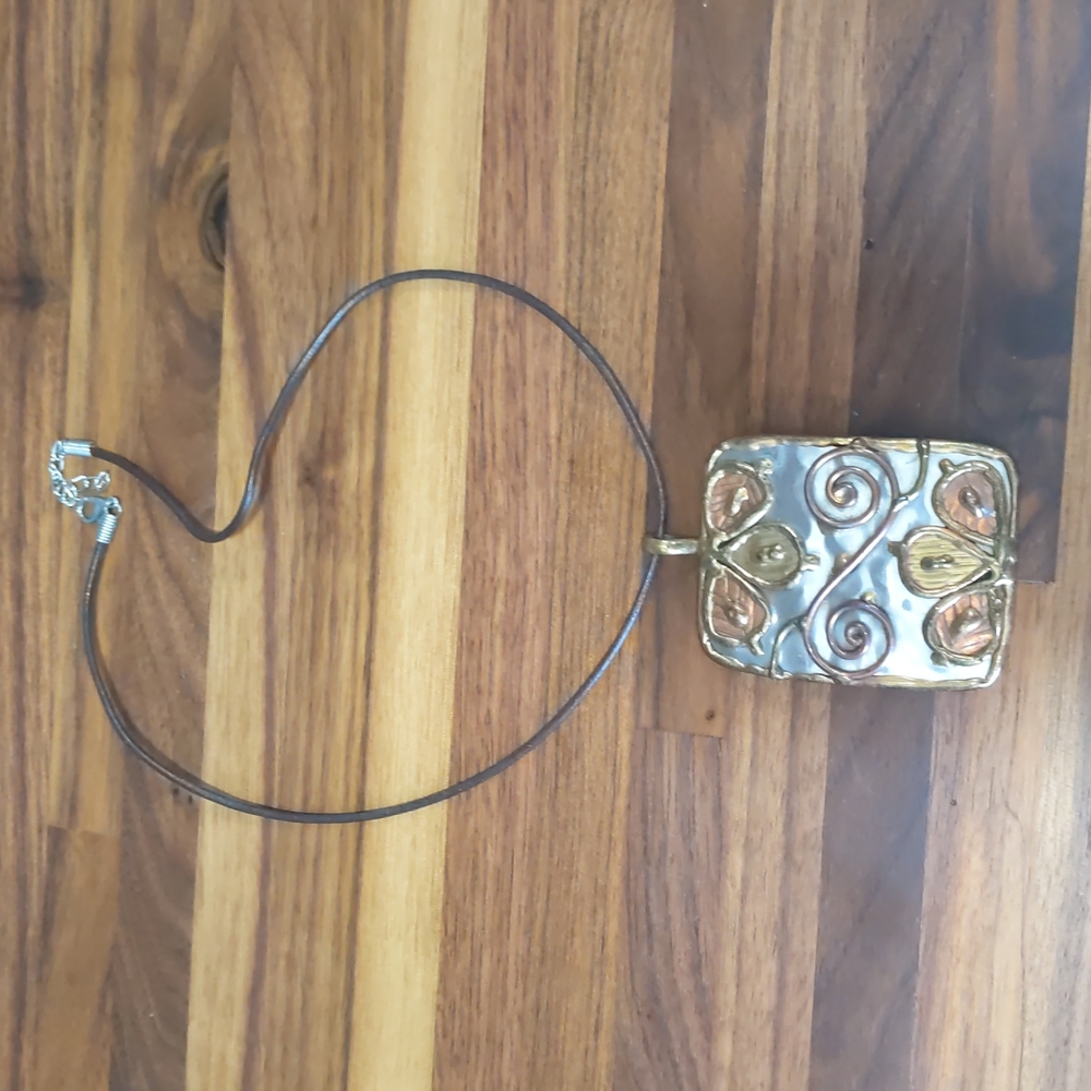 Vintage Modernist mixed metal artisan made pendant necklace rectangle